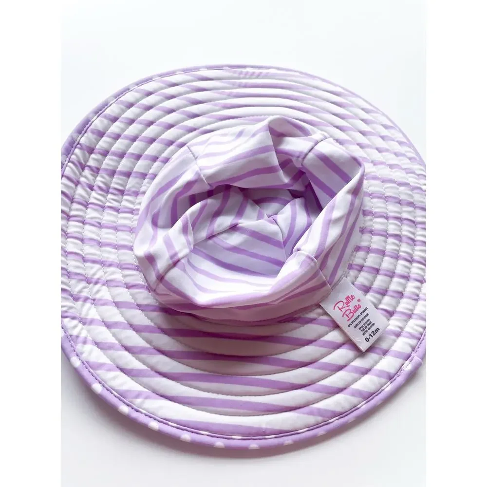 Baby Girl's Ruffle Butts Purple and White Wide Brimmed Beach or Pool Hat 0-12mo.